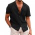 Men Fashion Lapel T shirt Short Sleeves Linen Cardigan Tops Casual Solid Color Loose Large Size Shirt black M
