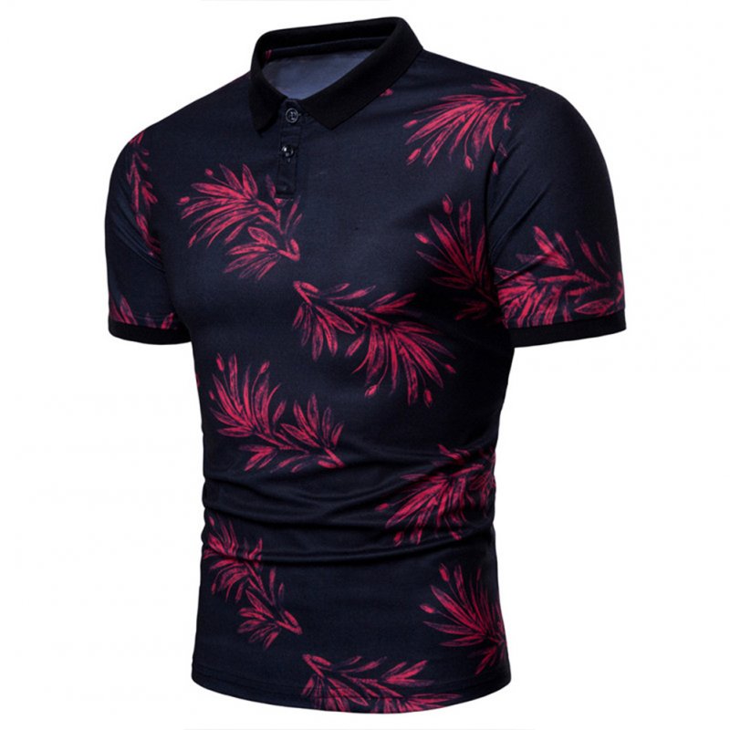 Men Fashion Leaf Print Short Sleeve Lapel T-shirt red_M