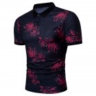 Men Fashion Leaf Print Short Sleeve Lapel T shirt red 2XL