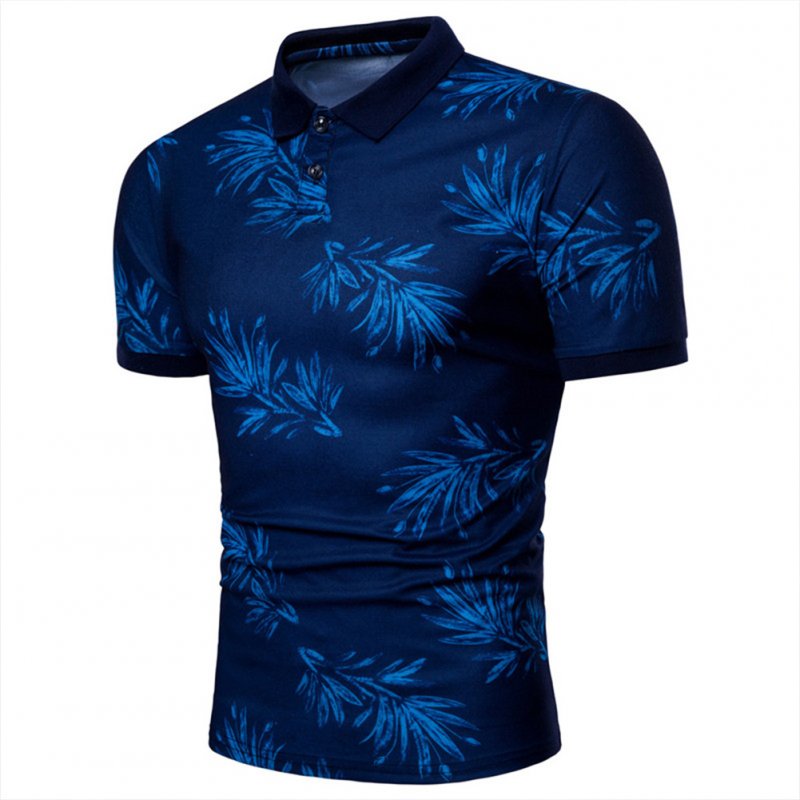 Men Fashion Leaf Print Short Sleeve Lapel T-shirt blue_M