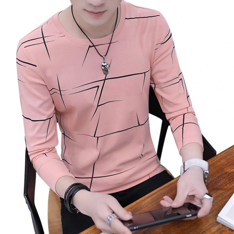 Men Fashion Long Sleeve T-shirt Printing Round Collar Slim Fit Casual Bottom Shirt  pink_L