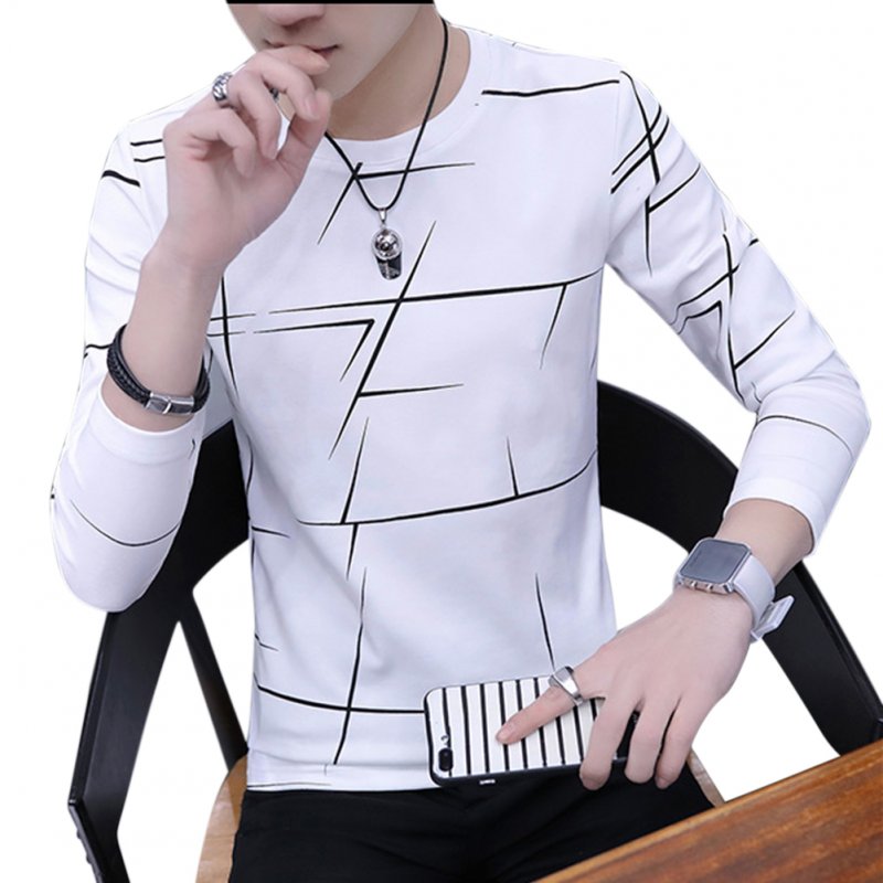 Men Fashion Long Sleeve T-shirt Printing Round Collar Slim Fit Casual Bottom Shirt  white_M