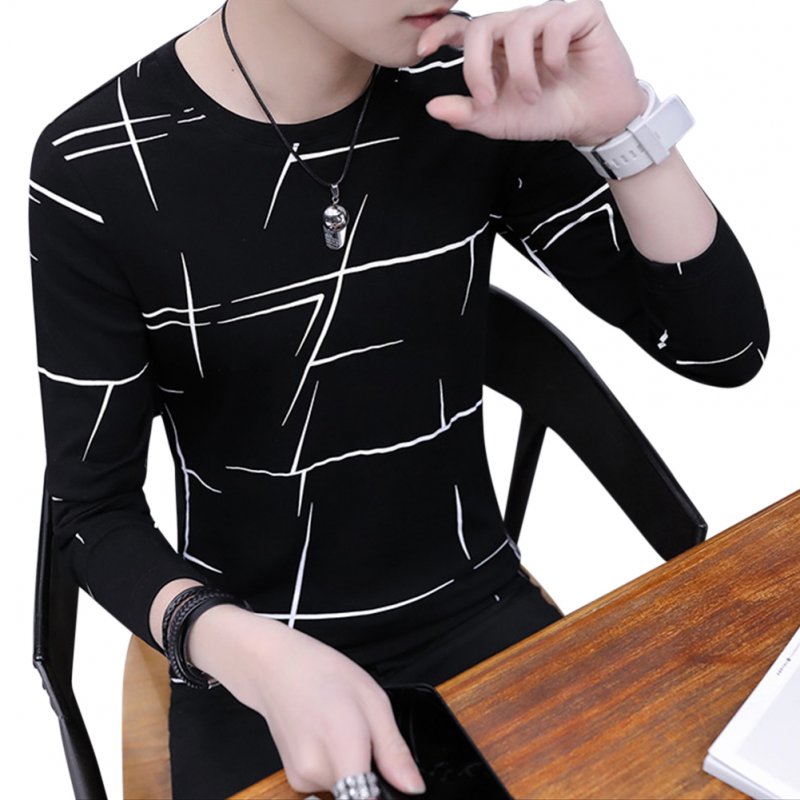 Men Fashion Long Sleeve T-shirt Printing Round Collar Slim Fit Casual Bottom Shirt  black_M
