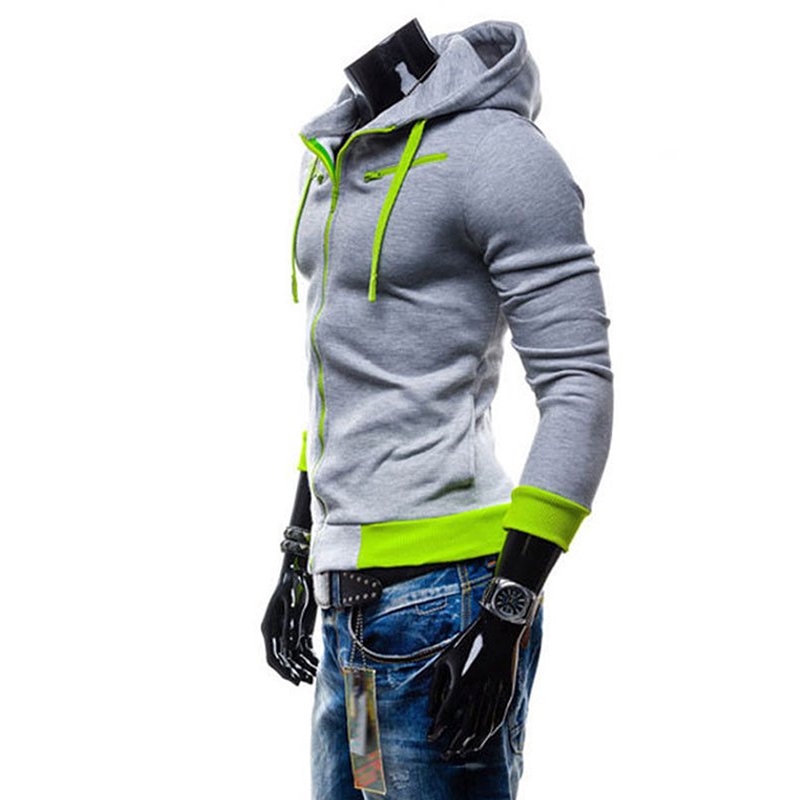 Men Fashion Matching Color Fleece Cardigan Hoodie Windproof Warm Drawstring Jacket light grey_XL