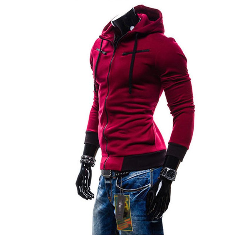 Men Fashion Matching Color Fleece Cardigan Hoodie Windproof Warm Drawstring Jacket Red wine_XXL