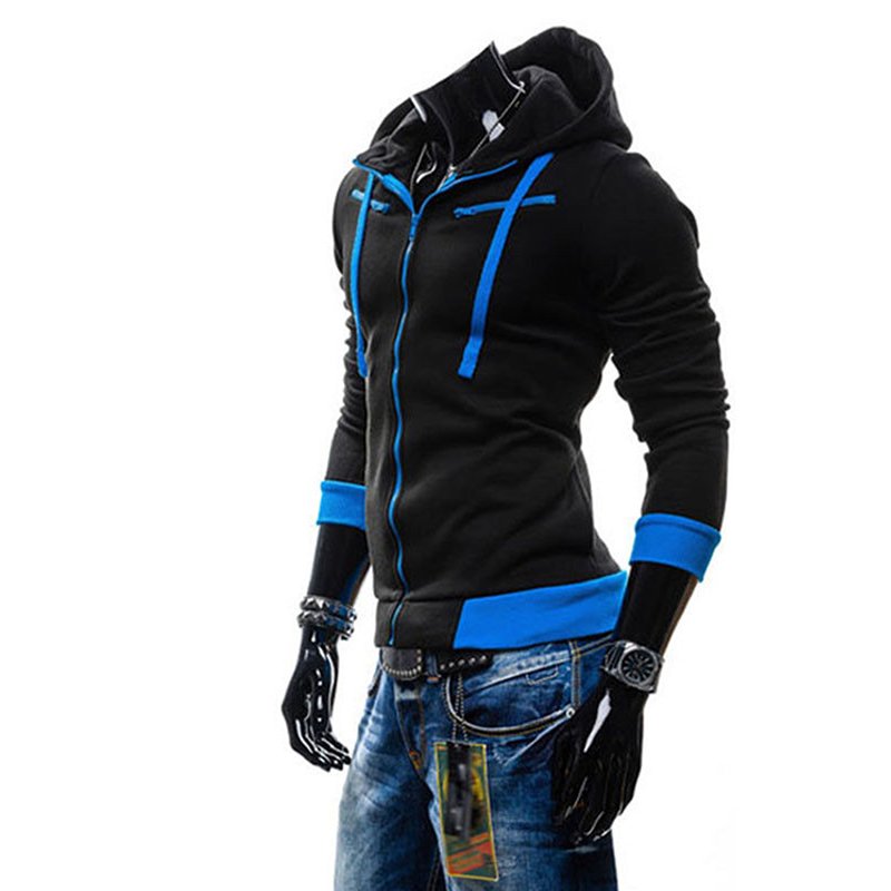 Men Fashion Matching Color Fleece Cardigan Hoodie Windproof Warm Drawstring Jacket black_XXL