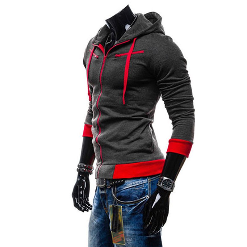 Men Fashion Matching Color Fleece Cardigan Hoodie Windproof Warm Drawstring Jacket Dark gray_XXL