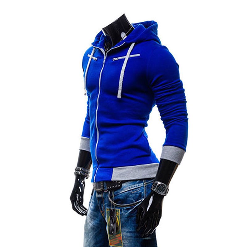 Men Fashion Matching Color Fleece Cardigan Hoodie Windproof Warm Drawstring Jacket Royal blue_M