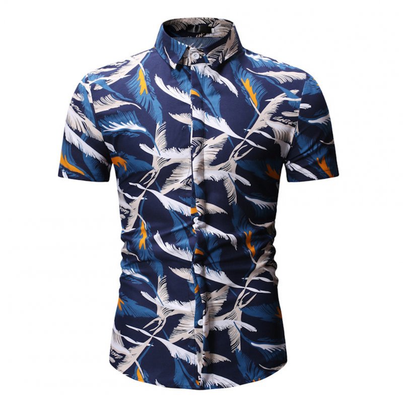 Men Fashion New Casual Short Sleeve Floral Slim Shirt Tops Navy blue_L