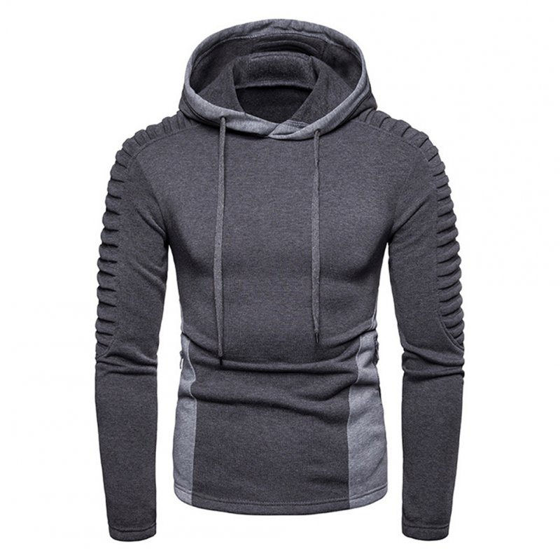 Men Fashion Pleated Cotton Hoodie Pullover Long Sleeve Sweater Tops Gray_XL