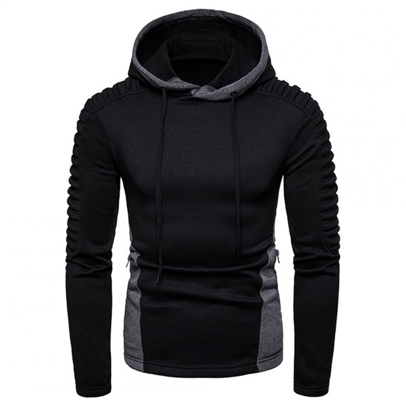 Men Fashion Pleated Cotton Hoodie Pullover Long Sleeve Sweater Tops Black_XXXL