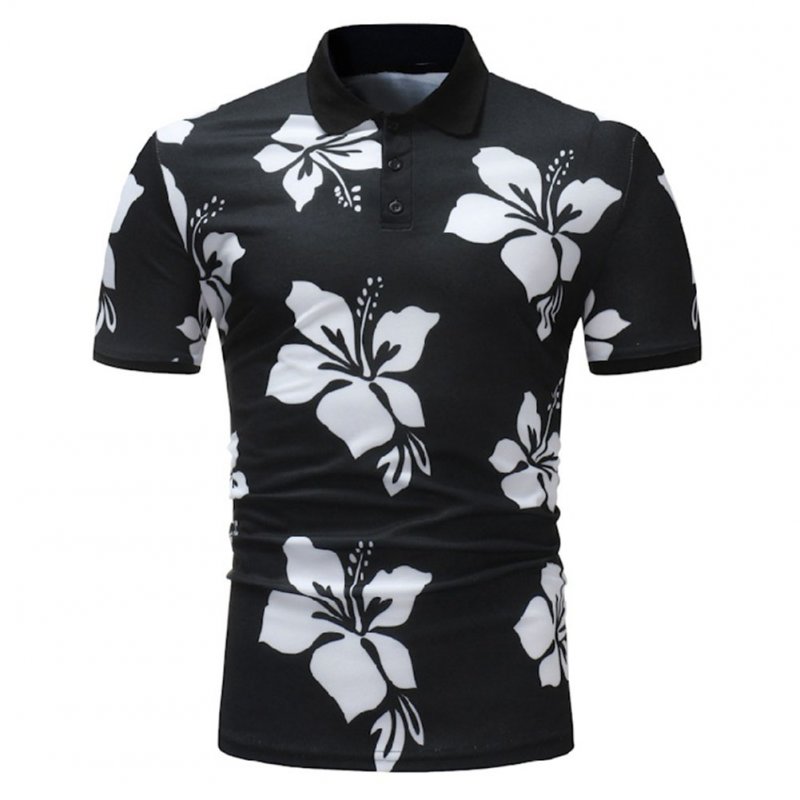 Men Fashion Printing Large Size Casual Lapel Short Sleeves Shirt Black and White_XL