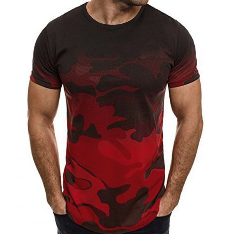 Men Fashion Printing T-shirts Round Collar Short Sleeve All-matching Slim Tops Black red_L