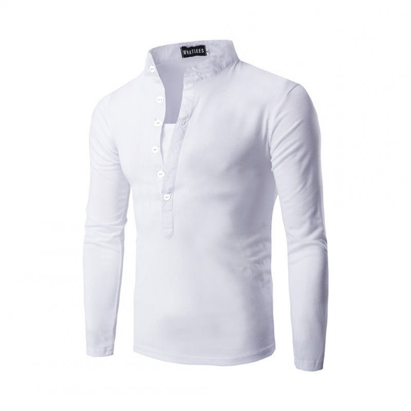 Men Fashion Shirt Slim Fit Casual Long Sleeve Pullover Tops white_M