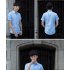 Men Fashion Short sleeved Shirts Solid Color No Ironing Business Attire Slim Tops dark blue XL