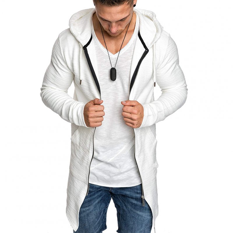 Men Fashion Slim Medium Long Dovetail Wind Coat Zipper Sweatshirts Cardigan white_XXL