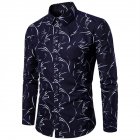 Men Fashion Slim Printing Long Sleeve Business Shirt Navy blue_M