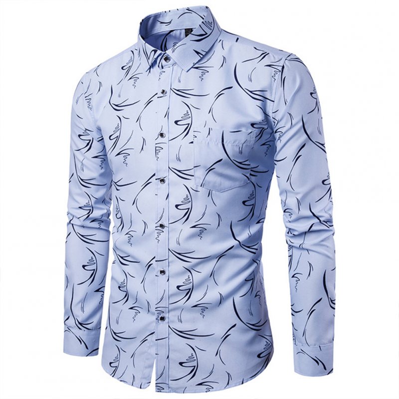 Men Fashion Slim Printing Long Sleeve Business Shirt Light blue_M