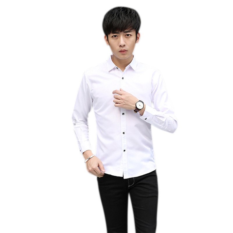 Men Fashion Slim Shirt Long-sleeved Pure Color No Ironing Lapel Collar Tops white_XL
