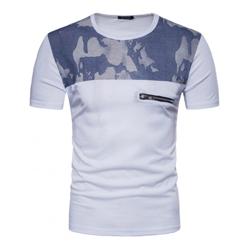 Men Fashion Slim Short Sleeve Color Matching Round Collar T Shirt white_M