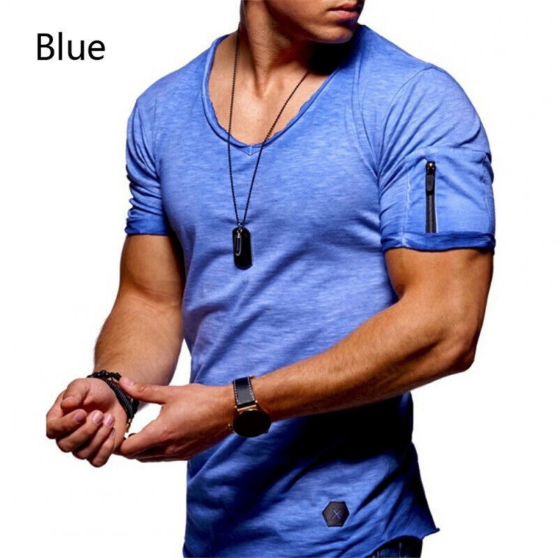 Men Fashion Solid Color Short Sleeves Breathable V-neck T-shirt blue_XL