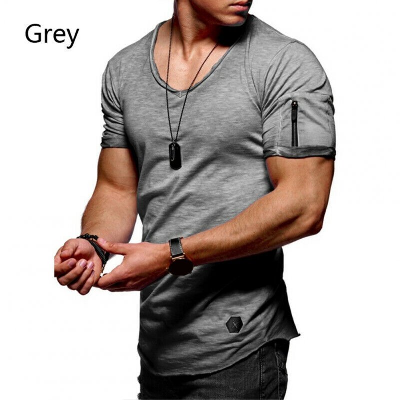 Men Fashion Solid Color Short Sleeves Breathable V-neck T-shirt gray_L