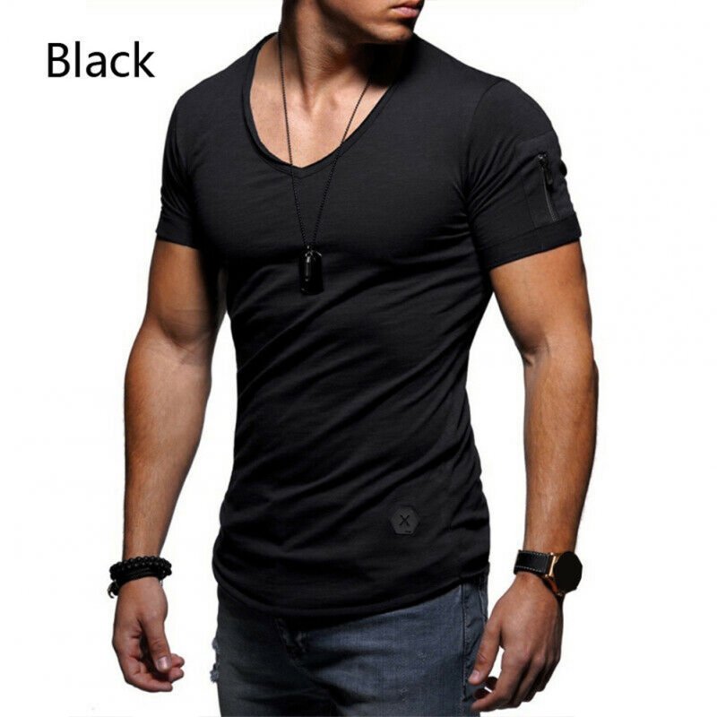 Men Fashion Solid Color Short Sleeves Breathable V-neck T-shirt black_XL