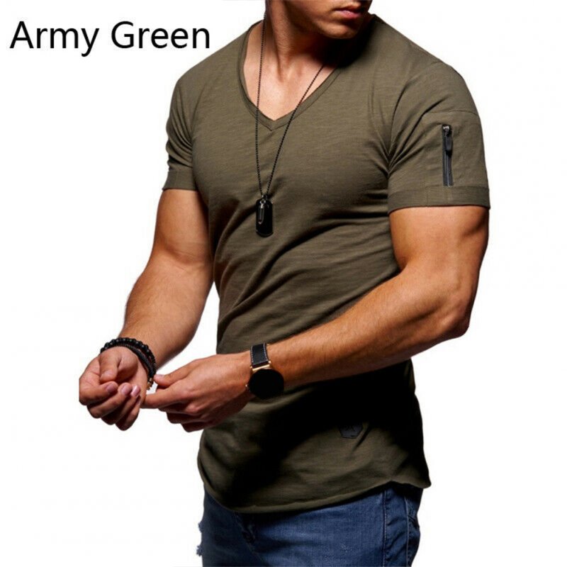 Men Fashion Solid Color Short Sleeves Breathable V-neck T-shirt ArmyGreen_M