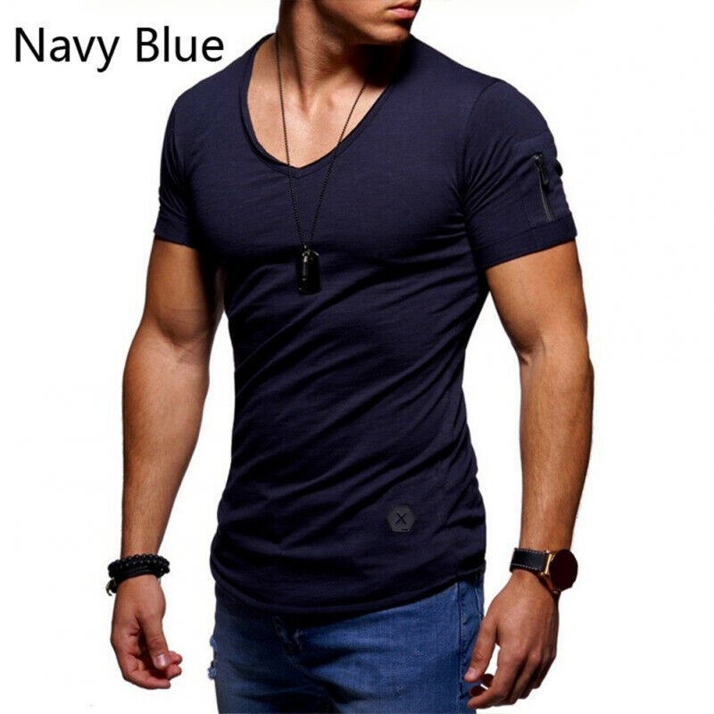 Men Fashion Solid Color Short Sleeves Breathable V-neck T-shirt Dark blue_M