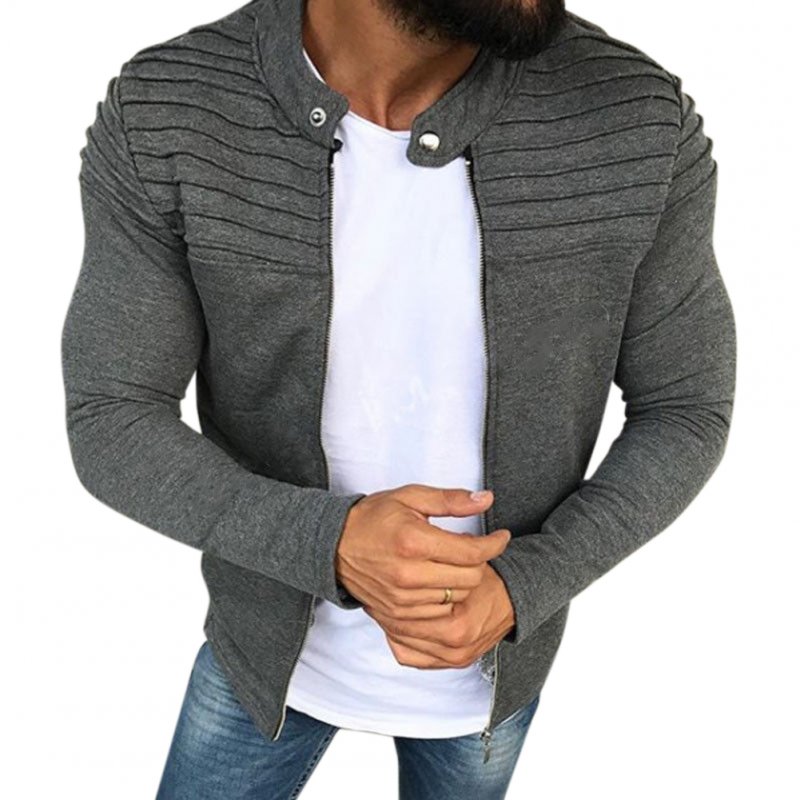 Men Fashion Solid Color Striped Tops Zipper Closure Casual Jacket  gray_M