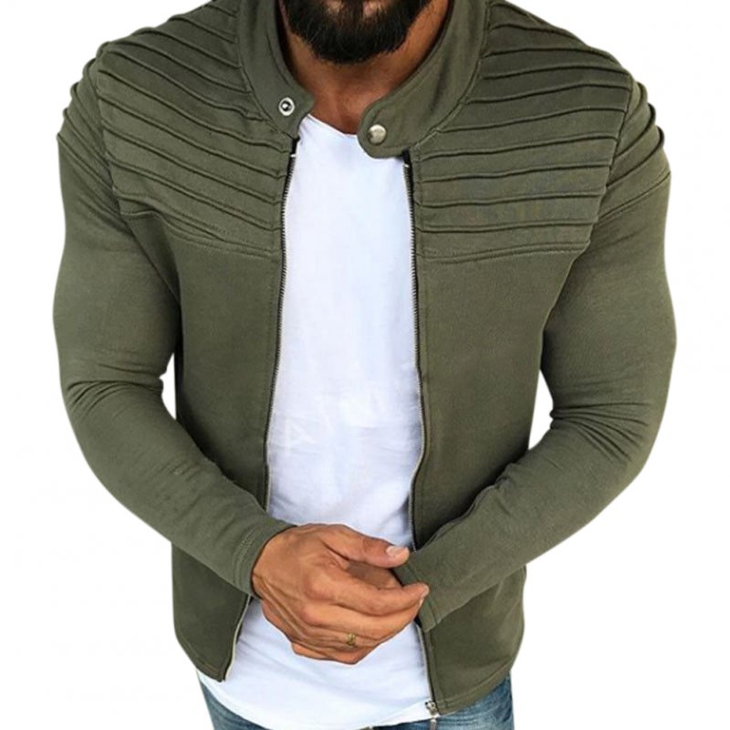 Men Fashion Solid Color Striped Tops Zipper Closure Casual Jacket  ArmyGreen_L