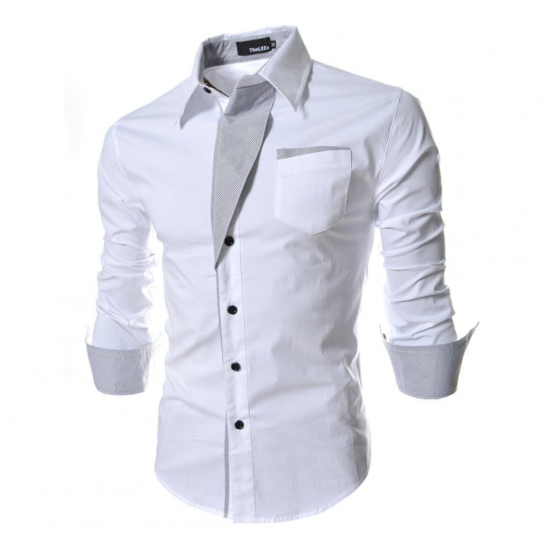 Men Fashion Stripe Pocket Decor Long Sleeve Shirtx white_L