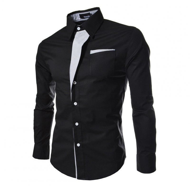 Men Fashion Stripe Pocket Decor Long Sleeve Shirtx black_2XL
