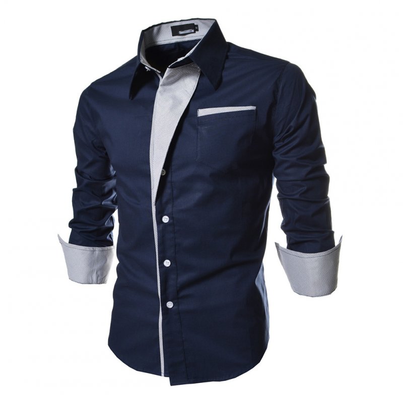 Men Fashion Stripe Pocket Decor Long Sleeve Shirtx Navy blue_XL