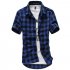 Men Fashion Summer Casual Shirt Soft Cotton Plaid Pattern Short Sleeve Shirts Tops sky blue L