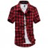 Men Fashion Summer Casual Shirt Soft Cotton Plaid Pattern Short Sleeve Shirts Tops red L