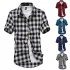 Men Fashion Summer Casual Shirt Soft Cotton Plaid Pattern Short Sleeve Shirts Tops Navy blue XL