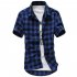 Men Fashion Summer Casual Shirt Soft Cotton Plaid Pattern Short Sleeve Shirts Tops Navy blue XL