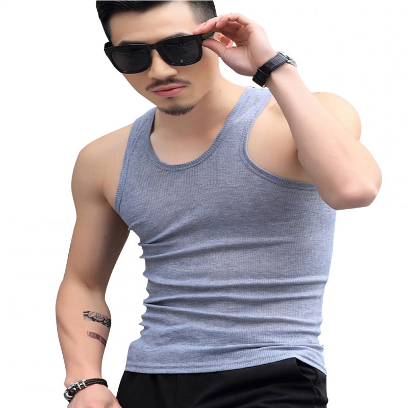 Men Fashion Summer Solid Color Sleeveless Vest Shirt for Gym Fitness Sports gray_L