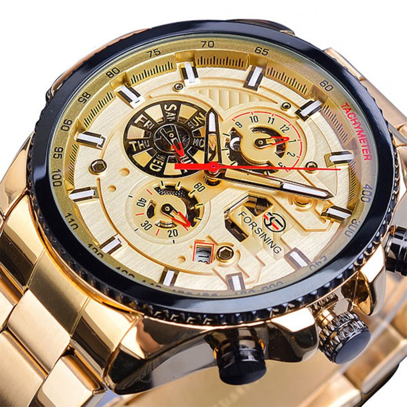 Men Fashion Waterproof Multi-Function Automatic Mechanical Watch Gold belt gold dial