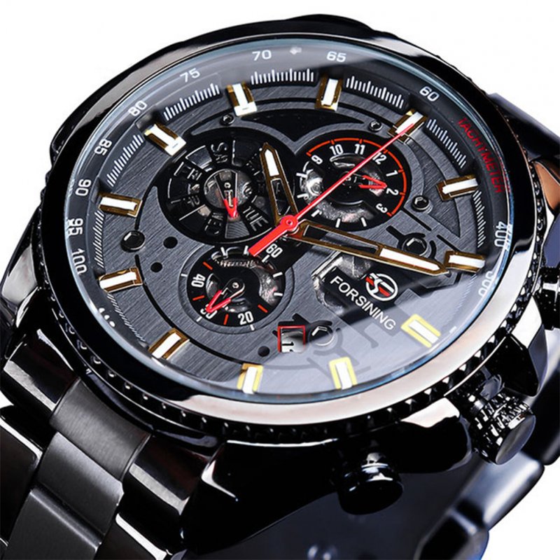 Men Fashion Waterproof Multi-Function Automatic Mechanical Watch Black belt black dial gold scale