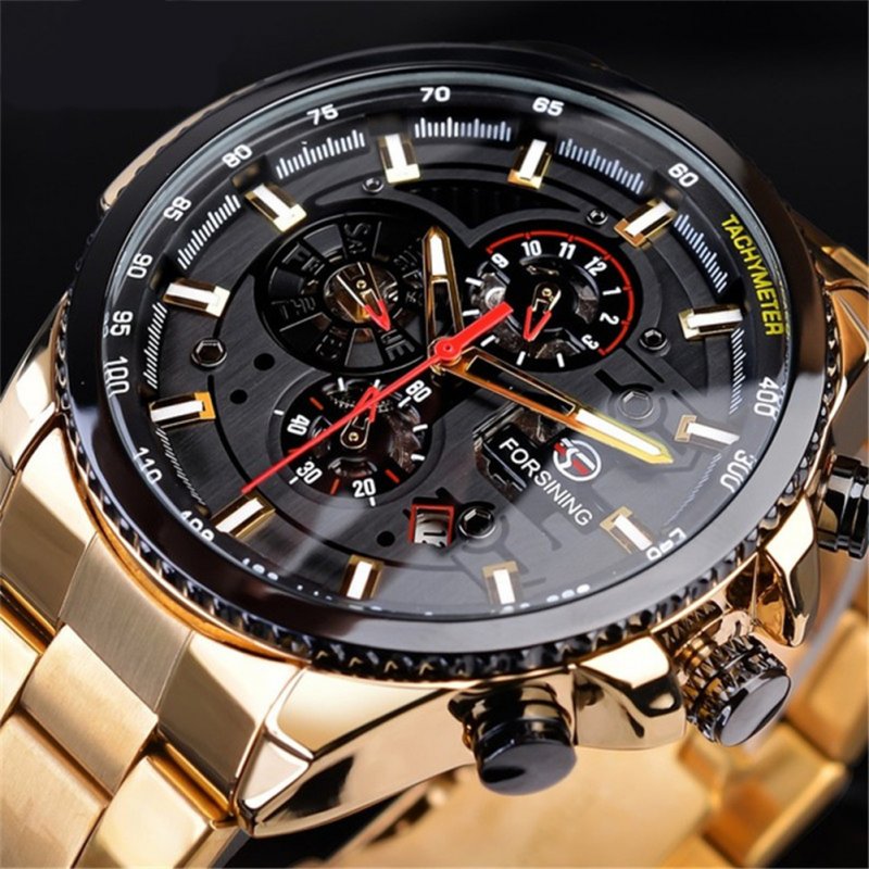 Men Fashion Waterproof Multi-Function Automatic Mechanical Watch Gold belt black dial
