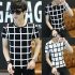 Men Fashion Youth Round Neck Short sleeved T shirt Plaid Pattern Tops Plaid black M
