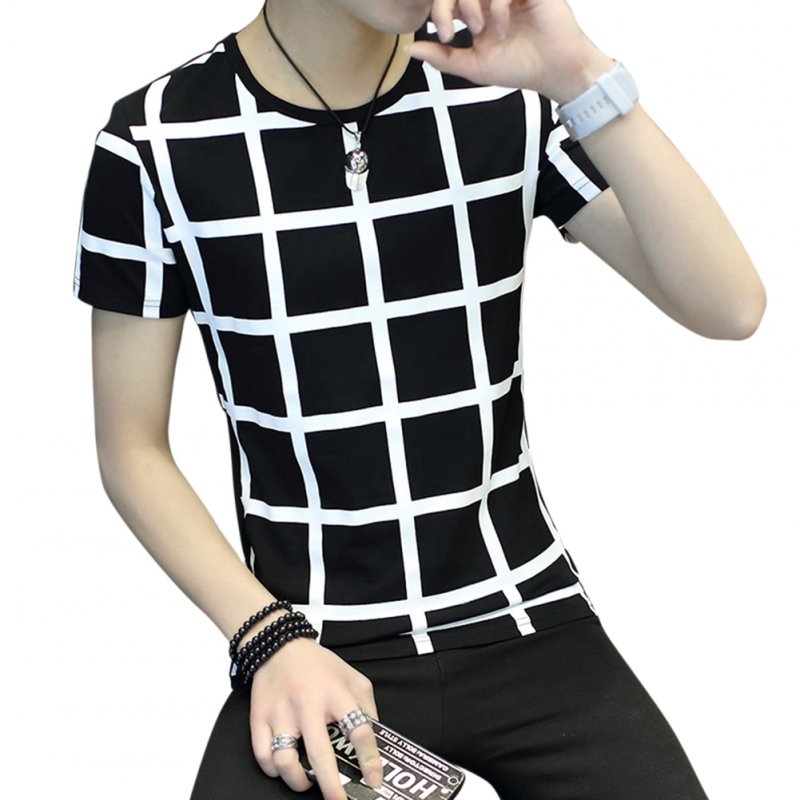 Men Fashion Youth Round Neck Short-sleeved T-shirt Plaid Pattern Tops Plaid black_L