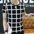 Men Fashion Youth Round Neck Short sleeved T shirt Plaid Pattern Tops Plaid black L