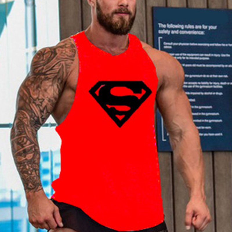 Men Gym Muscle Tank Tops Bodybuilding Shirt Sport Fitness Tops Red Black_M