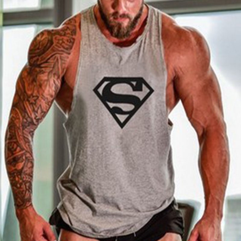 Men Gym Muscle Tank Tops Bodybuilding Shirt Sport Fitness Tops gray black_M