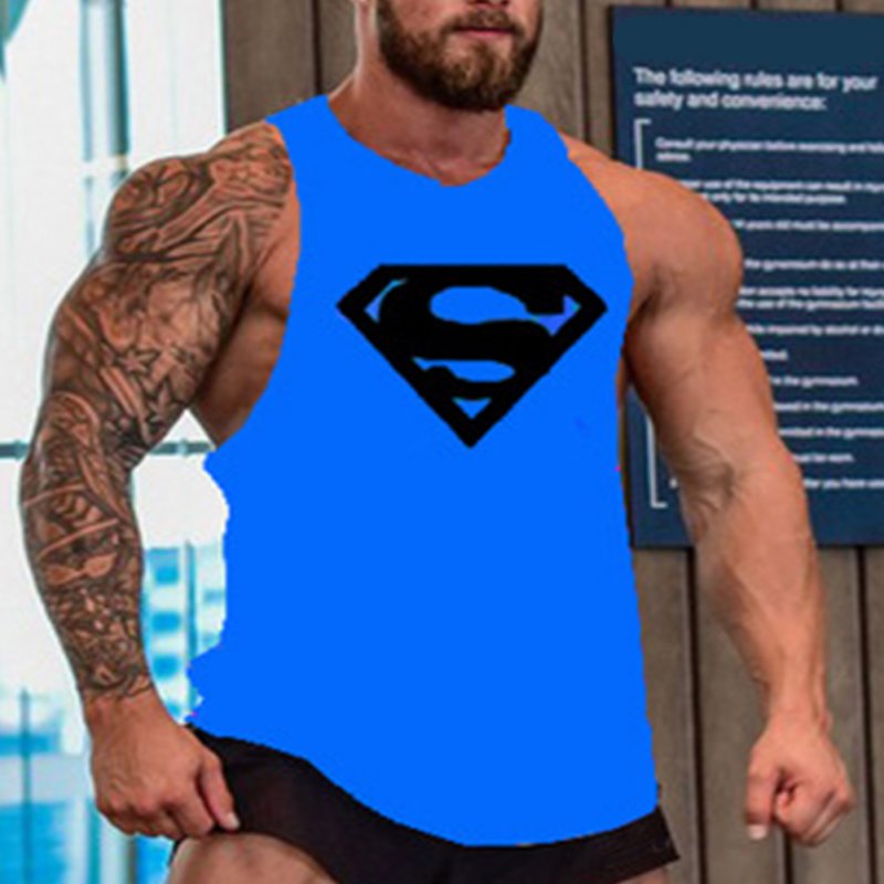 Men Gym Muscle Tank Tops Bodybuilding Shirt Sport Fitness Tops Blue Black_L