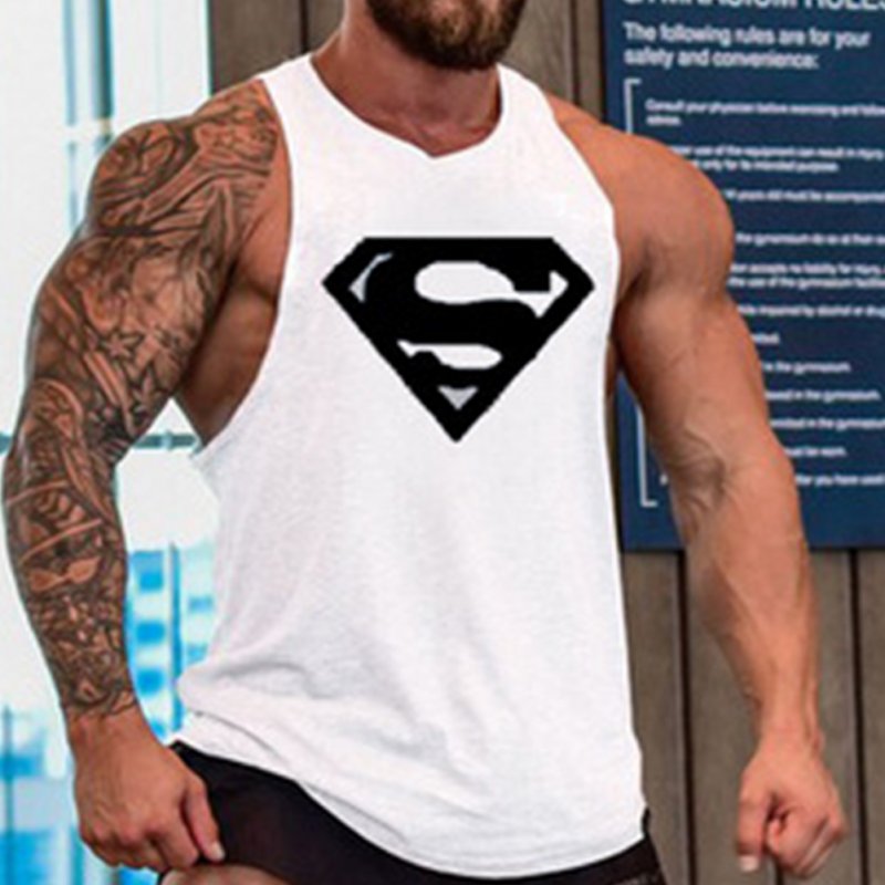 Men Gym Muscle Tank Tops Bodybuilding Shirt Sport Fitness Tops White Black_M