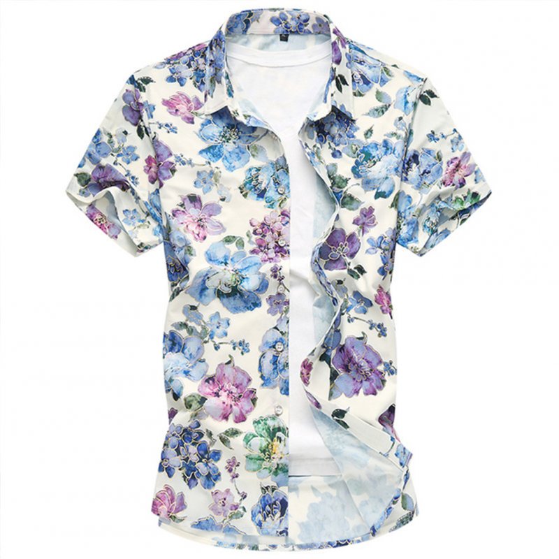 Men Hawaii Shirt Floral Print Short Sleeve Lapel Slim Beach Casual Summer Tops Plus Size As shown_XL
